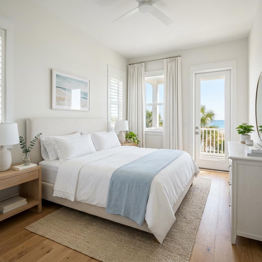 Freshly made bed and restaged bedroom in a short-term rental